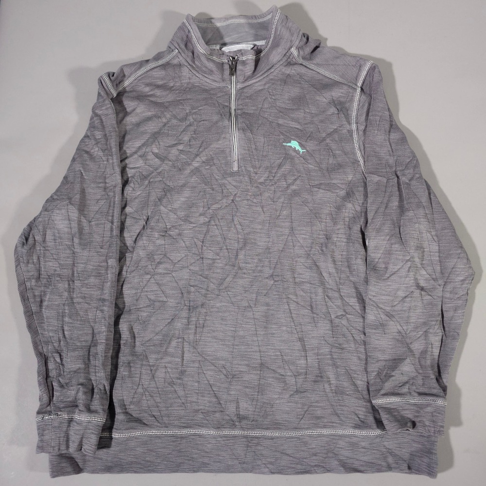 Tommy Bahama Pullover Mens XXXL Gray 1/4 Zip Cotton Tencel Marlin Logo